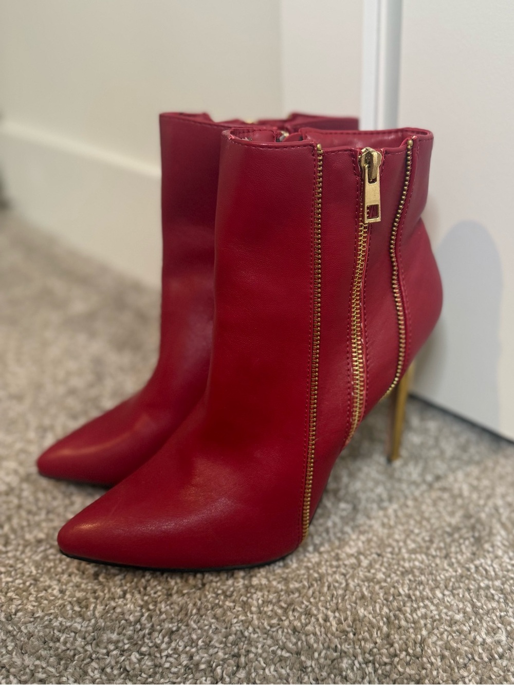 Catherines Red Leather Pointed Toe Stiletto Booties with Gold Zipper Detail